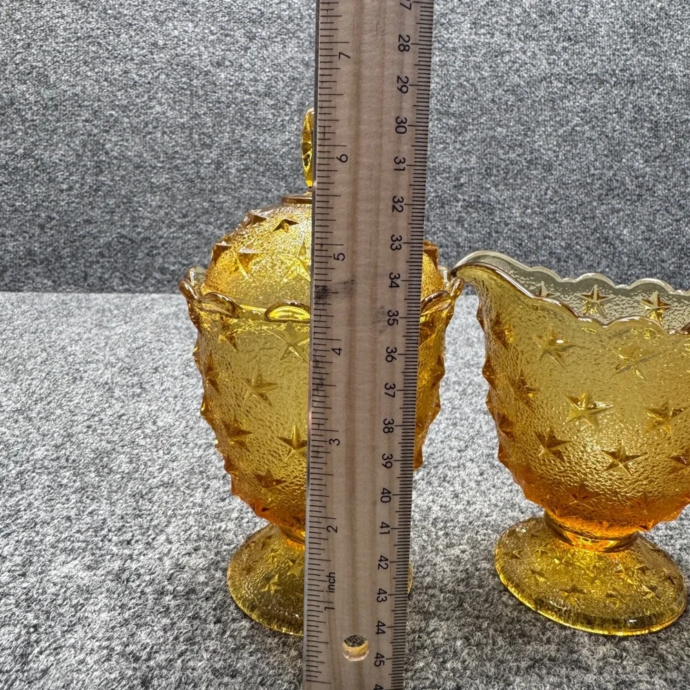 Vintage Amber Glass Sugar and Creamer Set Star Pattern Gold MCM Retro Decor